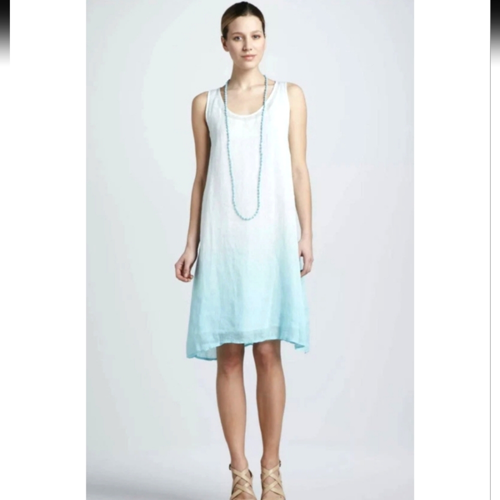 Eileen Fisher Dress Womens S White Teal Ombre Linen Dress